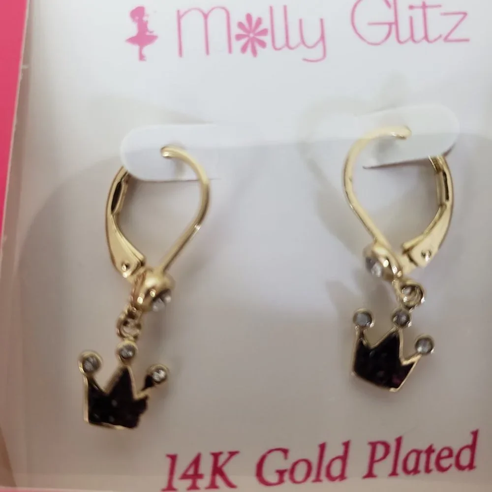 Molly Glitz Girls Glitz Girls' 14k Gold Plated Crystal Crown Lever-Back Earrings